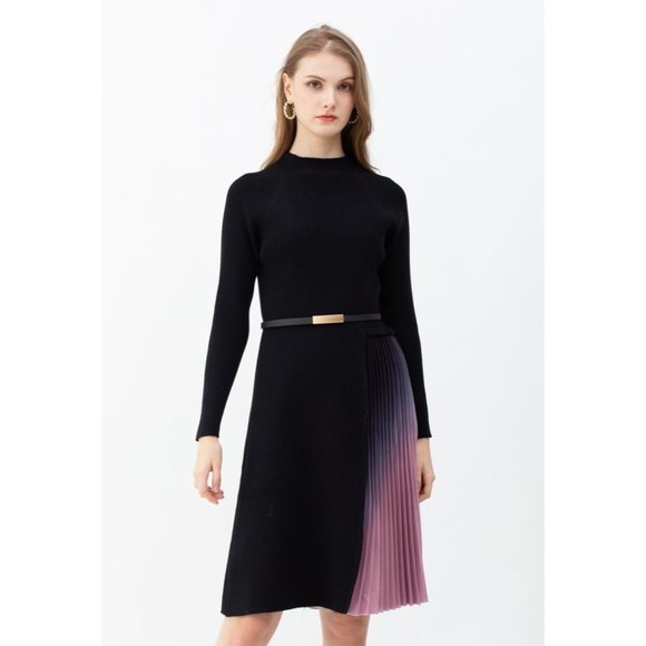 NWT GRADIENT PLEATED SPLICING BELTED KNIT DRESS IN BLACK - Picture 3 of 12